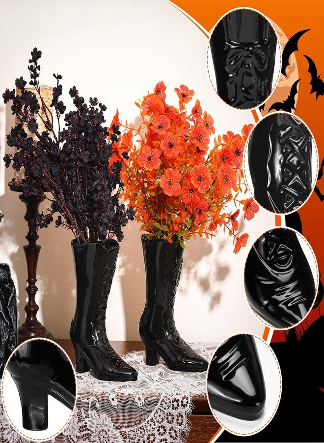 Ninehaoou 1 Pairs Halloween Flower Vase 7.1 Inch Witch Boot Vase Black Ceramic Gothic Planter Halloween Table Centerpieces for Indoor Outdoor Home Office Decor - Image 2